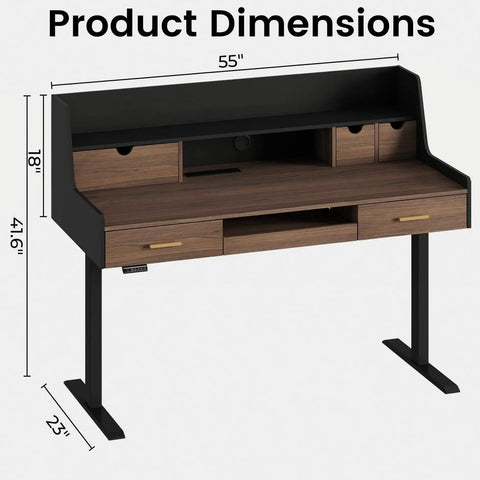Built Tough 55 Inch Electric Adjustable Standing Desk Featuring Five Roomy Storage Drawers And Raised Monitor Platform Smooth Glide Motor Custom Memory Buttons Boss Home Office Setup with product dimensions.