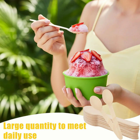 Person using 50 Pcs Disposable Wooden Spoons 6.3 Inch, Eco Friendly Biodegradable Cutlery For Camping Picnics Parties And Travel