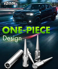 24 Pack Chrome Spike Lug Nuts M14x1.5 Closed End With 60 Degree Conical Bulge Seat in front of a pickup truck at night