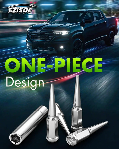 24 Pack Chrome Spike Lug Nuts M14x1.5 Closed End With 60 Degree Conical Bulge Seat in front of a pickup truck at night