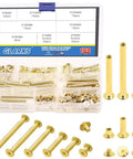 Premium Pro Grade Chicago Screws Assortment Kit M5 Brass Plated Binding Screw Posts set of varied lengths in storage box.