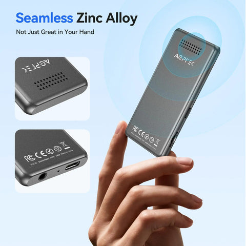 Person holding Bluetooth Mp3 Player With Auto Reconnect Five Point Four One Point Eight Inch Screen 64GB Memory Built In Speaker.
