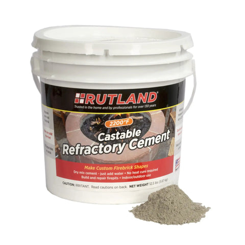 Castable Refractory Cement For High Temperature Fireplaces And Wood Stoves 12.5 Pound Easy Mix DIY Friendly No Heat Cure bucket.