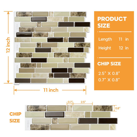 12x12 Peel And Stick Kitchen Backsplash Tiles Self Adhesive Easy Install DIY Friendly No Mess For Kitchen And Bathroom 10 Sheets Eco Friendly 40 Percent More Coverage Per Pack size diagram