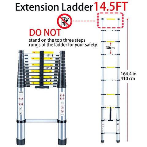 Lightweight Aluminum Telescoping Ladder, 14.5 Ft Extension, Collapsible Folding Ladder With Wide Anti Slip Steps, safety warning