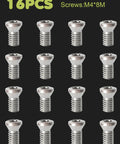 16 M4x8mm screws for 32Pcs Tungsten Carbide Cutters Inserts Set For Wood Lathe Turning Tools Include 11mm Square With Radius, 12mm And 8.9mm Round Heads, 30X10mm Diamond Tip and M4x8mm Screws Replacement Bits arranged on black background.