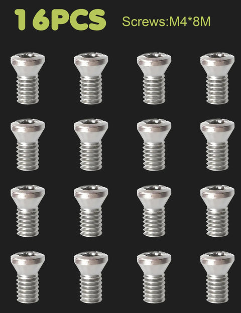 16 M4x8mm screws for 32Pcs Tungsten Carbide Cutters Inserts Set For Wood Lathe Turning Tools Include 11mm Square With Radius, 12mm And 8.9mm Round Heads, 30X10mm Diamond Tip and M4x8mm Screws Replacement Bits arranged on black background.