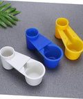 Five Piece Automatic Bird Water Dispenser Set With Dual Drinking Ports Hassle Free Install Drip Proof Auto Refill Cups For Parrots And Pigeons Super Convenient No Mess Design For Home Or Pet Shop Use Random Colors, showing three cups in blue, yellow, and white.