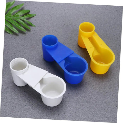 Five Piece Automatic Bird Water Dispenser Set With Dual Drinking Ports Hassle Free Install Drip Proof Auto Refill Cups For Parrots And Pigeons Super Convenient No Mess Design For Home Or Pet Shop Use Random Colors, showing three cups in blue, yellow, and white.