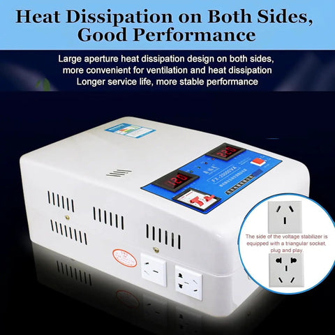 Automatic Single Phase Voltage Regulator Converts 120V To 220V With 6800W Knockout Capacity And Slick Dual Digital Panel showing heat dissipation vents.