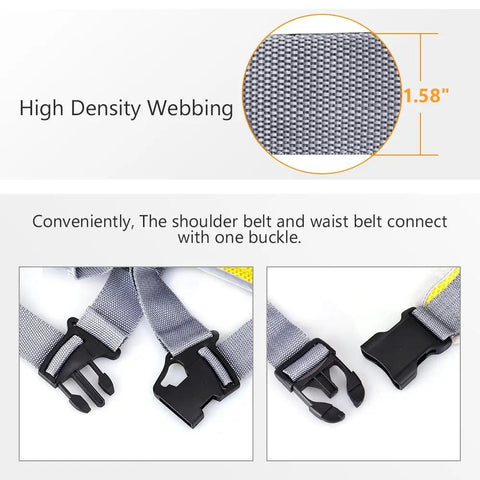 Close-up of straps on Four In One Kiddo Friendly Motorcycle Harness For Safe Rides In Bright Yellow With Breathable Fabric.