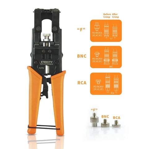 Coax Cable Crimping Tool Kit With 3 Adapters F BNC RCA Universal RG58 RG59 RG6 Cutter Heavy Duty Anti Rust Finish Adjustable Double Spring For Beginners And Pros