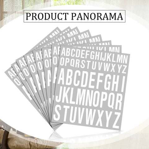 No Fuss Easy Peel Vinyl Letter Stickers 8 Sheet Set showing sheets with white alphabet letters in 1 and 2 inch sizes.