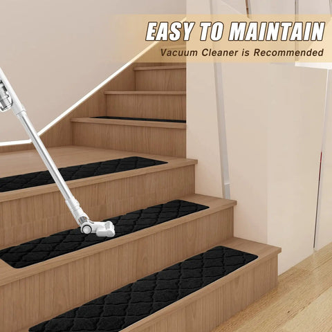 8 By 30 Inch Stair Treads 15 Piece Non Slip Peel and Stick Indoor Rug Runner on Wooden Steps in Black