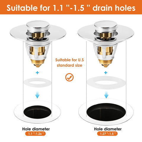 Diagram showing Universal Bathroom Sink Stopper And Drain Strainer No Fuss Pop Up Plug With Stainless Steel Hair Catcher.