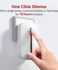 Hand pressing mute button on Dead Simple Plug In Carbon Monoxide Detector With 10 Year Battery Backup Ironclad Wall Outlet Monitoring.