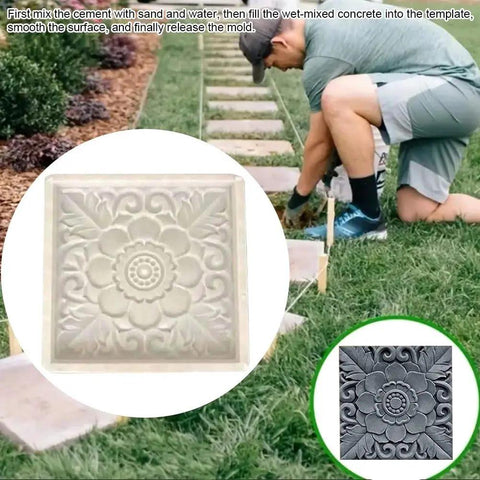 DIY Concrete Molds For Walkways And Garden Paths Stamps For Brick And Flagstone Casting Paver Molds For Garden Stepping Stones Durable Plastic Concrete Molds For Quick Backyard Path Makeovers being used on a grassy lawn by a person.