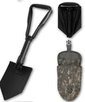 Rugged Folding Camping Shovel Set With ACU Pouch, Two Piece E Tool Entrenching Tool, shown unfolded, folded, and with ACU pouch