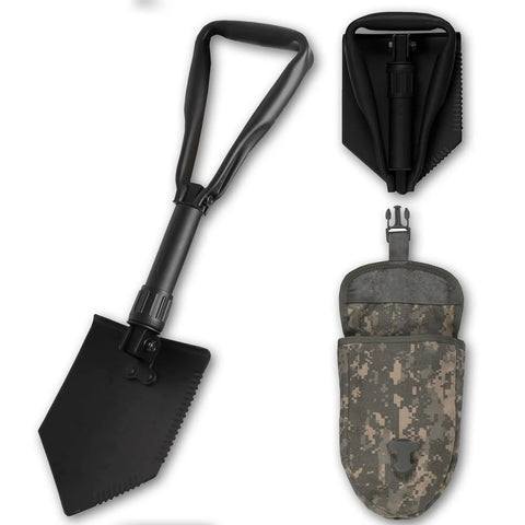Rugged Folding Camping Shovel Set With ACU Pouch, Two Piece E Tool Entrenching Tool, shown unfolded, folded, and with ACU pouch
