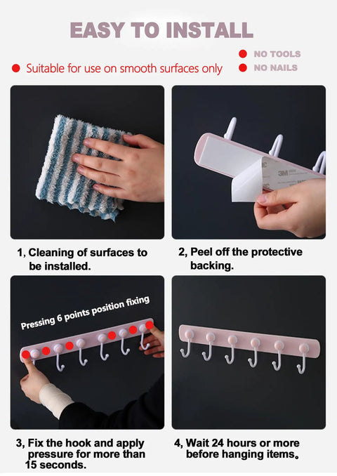 Installation steps for Kids Room Wall Mount Coat Rack With Six Rotating Adhesive Hooks, showing cleaning, peeling, and fixing.