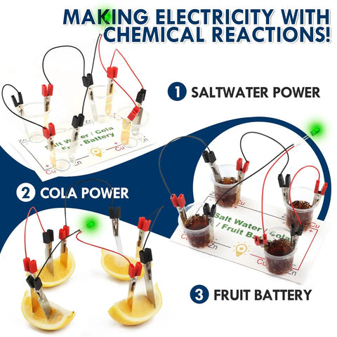 Hands On Electrical Circuit Kit For Kids That Makes STEM Fun, 8 Experiments Covering Series And Parallel Circuits, Fruit Battery And Saltwater Power setup with lemons and liquids on a circuit board.