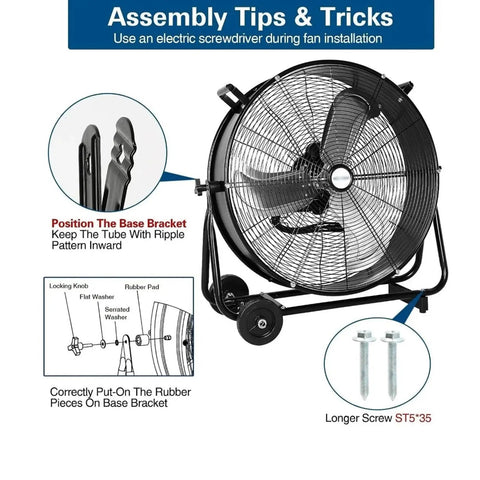 Assembly tips for Heavy Duty 24 Inch Industrial Drum Fan Pumping Out 8100 CFM High Velocity Blast with parts diagram