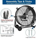 Assembly tips for Heavy Duty 24 Inch High Velocity Drum Fan Pushing 8100 CFM Industrial Electric Airflow unit with parts diagram.