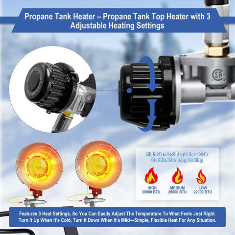 Propane dual-head tank top heater with 3 settings, featuring Stay Toasty Outdoors With A 30,000 BTU Dual Head Propane Heater Outdoor Tank Top Style 3 Heat Settings And Tip Over Safety With Auto Shutoff Perfect For Patio Camp Garage And Cold Nights, close-up of control knob.