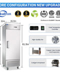 Top Shelf Commercial Upright Freezer With Twenty Three Cubic Foot Capacity And Four Heavy Duty Shelves featuring sleek stainless steel, measurements displayed.