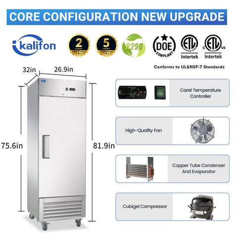 Top Shelf Commercial Upright Freezer With Twenty Three Cubic Foot Capacity And Four Heavy Duty Shelves featuring sleek stainless steel, measurements displayed.