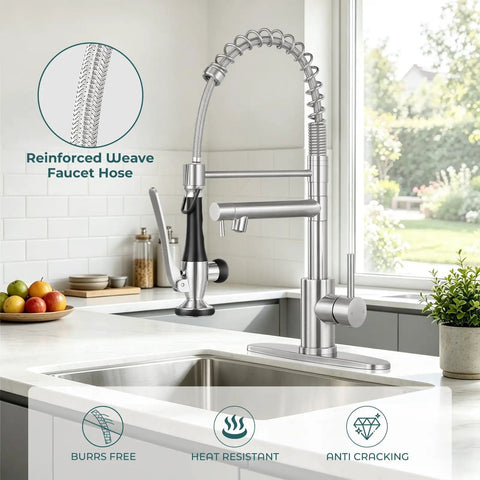 BDJM Kitchen Faucets with Pull Down Sprayer,NEW1 in brushed nickel with reinforced weave hose in modern kitchen setting.