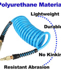 Heavy Duty 1/4 Inch ID Polyurethane Recoil Air Hose 10 Feet Long with solid brass plugs against blue background.