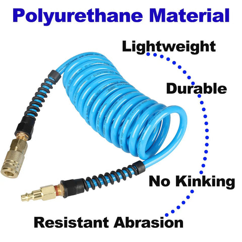Heavy Duty 1/4 Inch ID Polyurethane Recoil Air Hose 10 Feet Long with solid brass plugs against blue background.