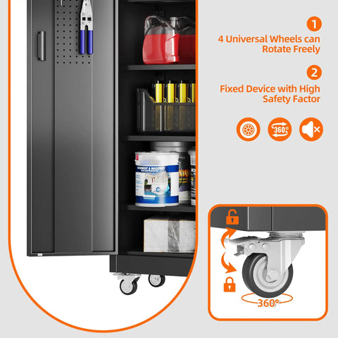 Shop Ready Slick Rolling Metal Garage Storage Cabinet Featuring Lockable Double Pegboard Doors And Five Spacious Adjustable Shelves Plus Heavy Duty Workshop Tool Organizer Rack