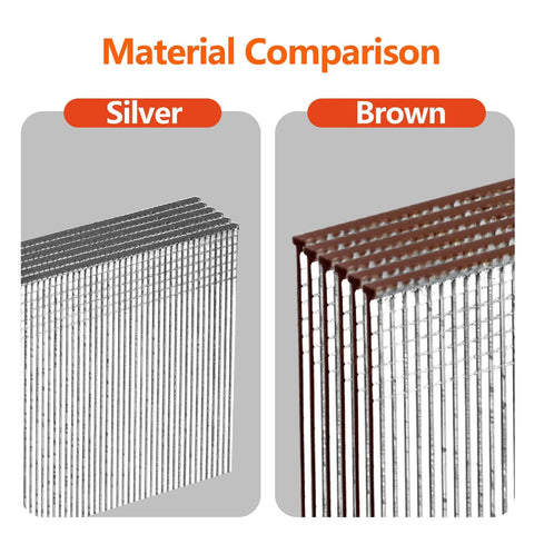 Material comparison of Built Tough Galvanized Brad Nails 18 Gauge in silver and brown T head designs.