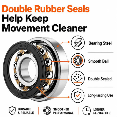 20 Pack 608 Bearings 2RS Premium Steel Sealed Deep Groove Bearings for skateboards, scooters. Highlighting double rubber seals.
