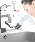 Woman using Go-To 1080 Degree Rotating Faucet Extender With Splash Filter Aerator, dual modes, on modern sink