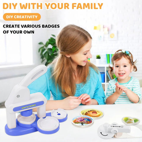 DIY Button Maker Kit Sturdy Pin Press Machine With 24 Badge Circles And Circle Cutter on table with family crafting.