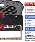 Comparison of Clear Bubble License Plate Cover with silicone frame vs metal frame, highlighting features and advantages.