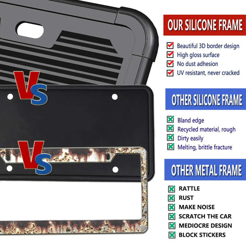 Comparison of Clear Bubble License Plate Cover with silicone frame vs metal frame, highlighting features and advantages.