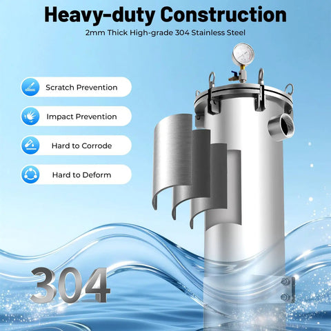 Beefy 304 Stainless Steel Bag Filter Housing, 2 Inch NPT Inlet Outlet, High Pressure Water Filtration System features