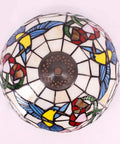 Top view of the Old School Tiffany Hummingbird Amber Stained Glass Pendant Light Fixture with a colorful hummingbird design.