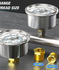 Stainless Steel Dry Pressure Gauge 0 To 160 Psi With Two Inch Dial Back Mount For Air Compressors RV Regulators And Water Systems Includes One Eighth Inch NPT One Quarter Inch NPT And Three Eighth Inch NPT Hex Bush shown with thread adapters