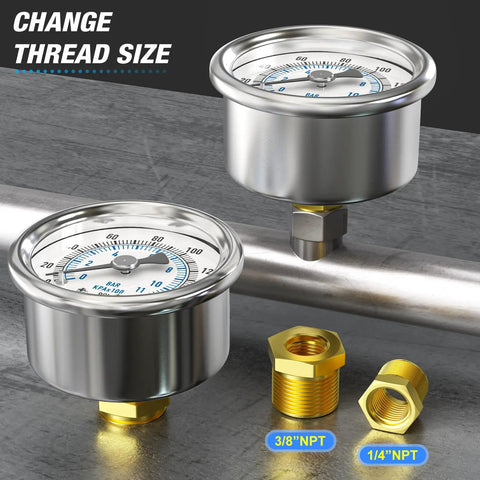Stainless Steel Dry Pressure Gauge 0 To 160 Psi With Two Inch Dial Back Mount For Air Compressors RV Regulators And Water Systems Includes One Eighth Inch NPT One Quarter Inch NPT And Three Eighth Inch NPT Hex Bush shown with thread adapters