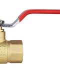 Side view of a Pack Of 10 Heavy Duty Brass Ball Valve One Half Inch Full Port FNPT FIP Threaded 600 WOG 600 PSI Lead Free with red handle.