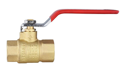 Side view of a Pack Of 10 Heavy Duty Brass Ball Valve One Half Inch Full Port FNPT FIP Threaded 600 WOG 600 PSI Lead Free with red handle.