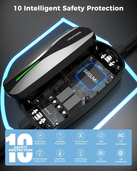 Portable Tesla Ev Charger Level 1 And Level 2 Etl Certified Dual Voltage Cable With 25 Foot Cord showing internal safety protection features.