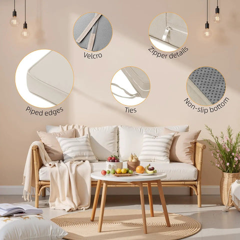 Custom Bench Cushion For Indoor And Outdoor Furniture, Built To Fit Any Shape Or Size, High Density Foam With Piping And Non Slip Bottom. Close-up details of Velcro, zipper, and non-slip bottom