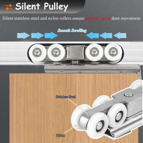 Heavy Duty Sliding Barn Door Track Kit With Slick Glide Hardware Custom Length Design For Closets Featuring Quiet Nylon Rollers Reinforced Bottom Guide Rust Proof Steel Build That Delivers A Flawless Smooth Ride Without Annoying Squeaks Or Sagging showing silent stainless steel pulley with nylon rollers.