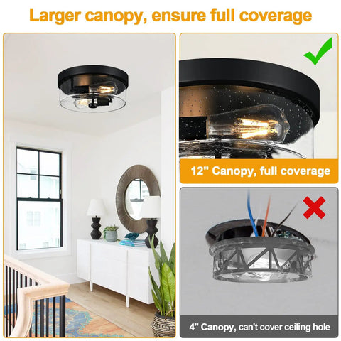 Two Light Black Flush Mount Ceiling Light Fixture With Seeded Glass Shade installed in hallway, showing canopy coverage comparison.